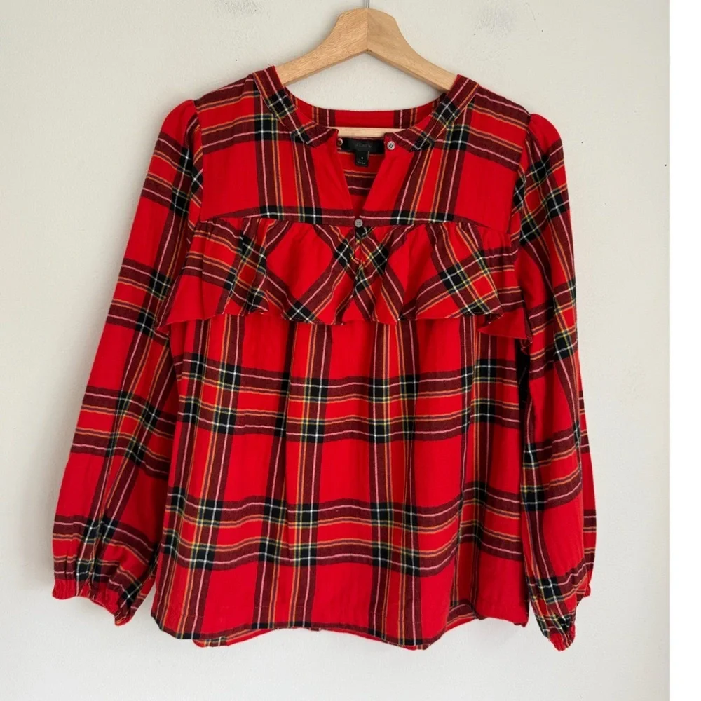 J. Crew • Festive Ruffled Popover Flannel Top in Red Tartan Plaid